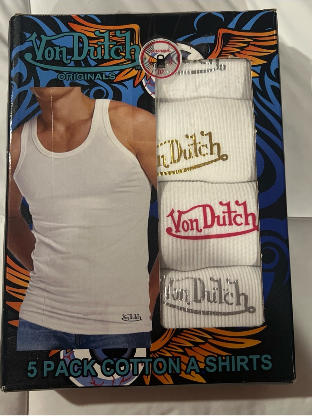 Von Dutch White Tank Tops with Gold, Pink & Silver Logos - 5 Pack XL